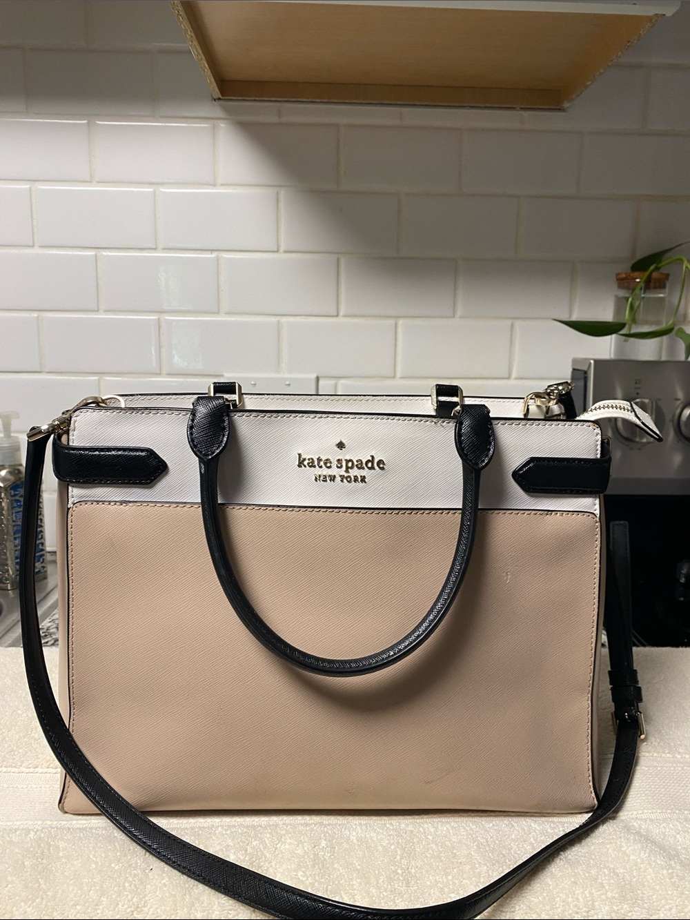 kate spade Two-Tone Beige, White & Black Leather Satchel